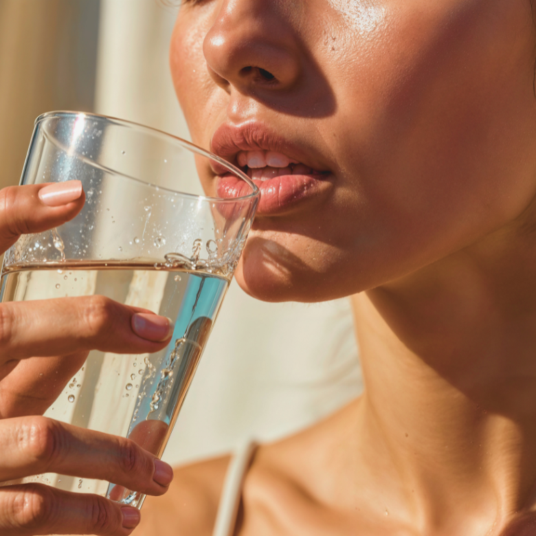 Close-up of a woman drinking clean water from a glass in bright sunlight.