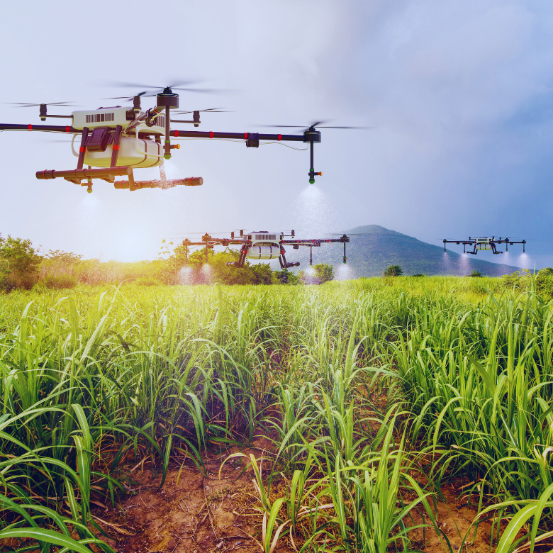 Drones spraying crops on a farm field with mountains in the background.