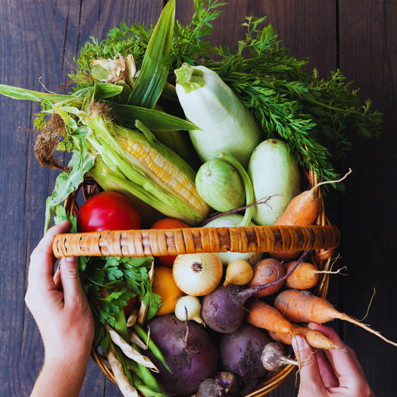 Cesta de verduras frescas que incluye zanahorias, remolachas, maíz y calabacines, sostenida en las manos.