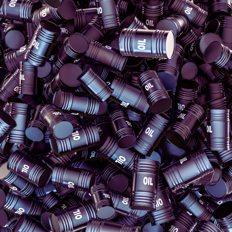 A pile of metal barrels labeled “OIL,” shown in a dark purple-blue color palette.